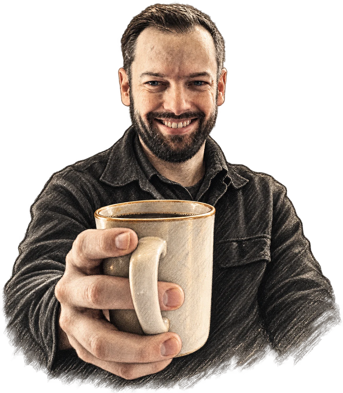 A charcoal and brass sketch of Eric smiling and holding out a cup of coffee.