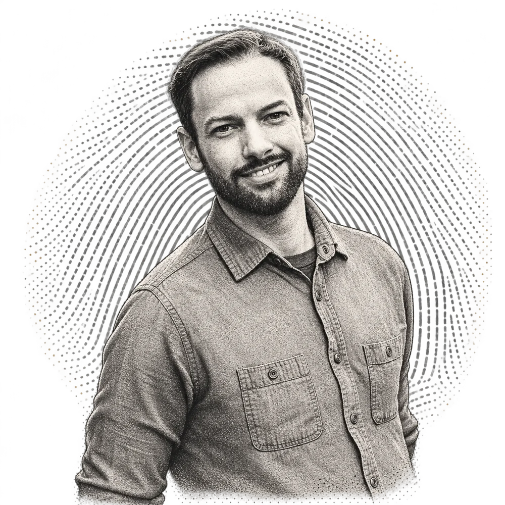 Stipple illustration of Eric Berget with a fingerprint behind him