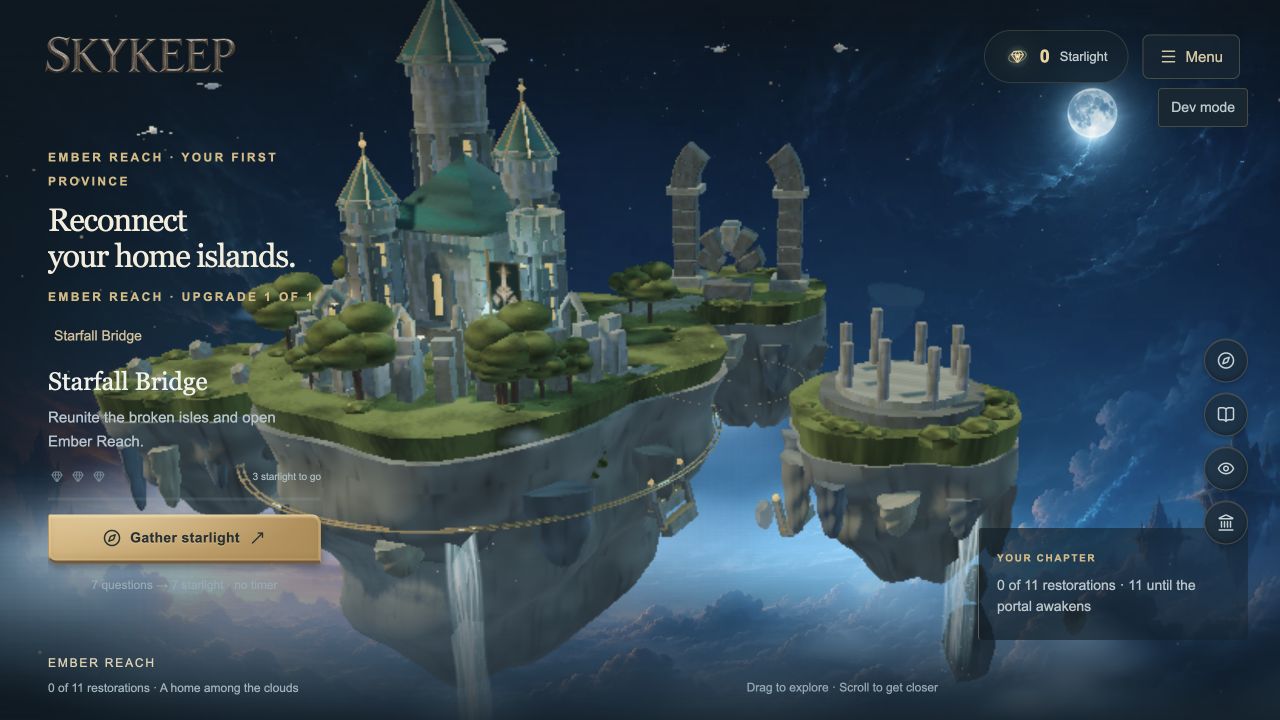 SkyKeep’s floating islands and castle under a moonlit sky